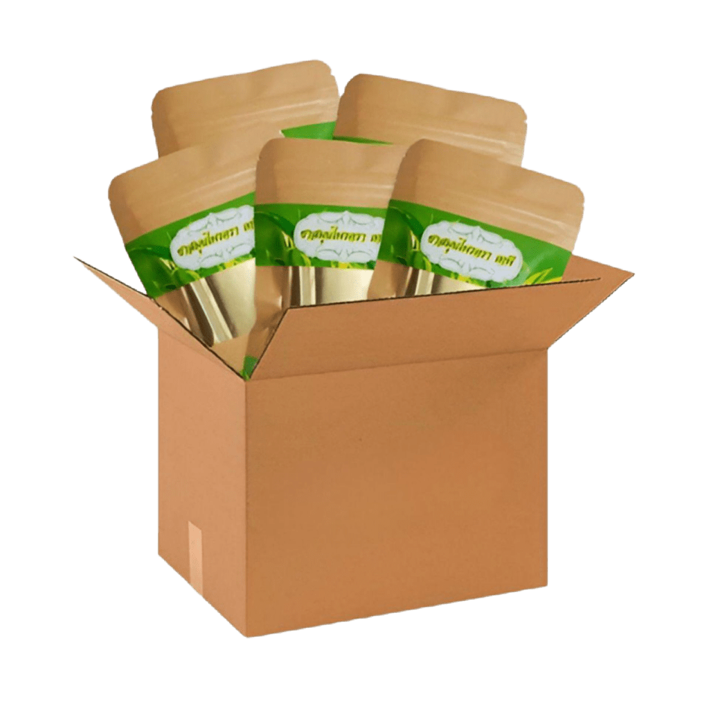 Paper box filled with Tapee Tea packs on TeaTapee.com. Discover natural herbal relief for gout, back pain, muscle pain, and menstrual cramps with our authentic Tapee Tea.